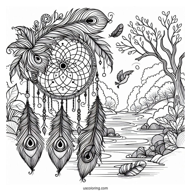 Dreamcatcher With Peacock Coloring Page Feathers Over River Landscape