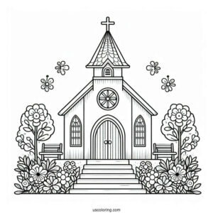 Cute Church Coloring Page With Flowers In Front