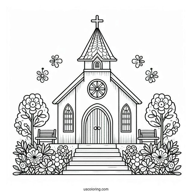 Cute Church Coloring Page With Flowers In Front