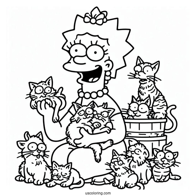 Simpsons Coloring Pages Of Crazy Cat Lady With Her Kittens