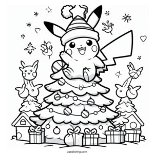 Pokemon Christmas Coloring Page Pikachu Waving From On Top Of A Christmas Tree For Kids