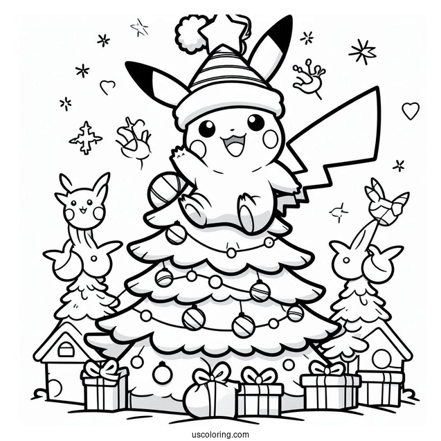 Pokemon Christmas Coloring Page Pikachu Waving From On Top Of A Christmas Tree For Kids