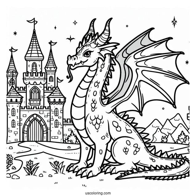 Coloring Sheet Of Dragon Next To Castle For Preschoolers