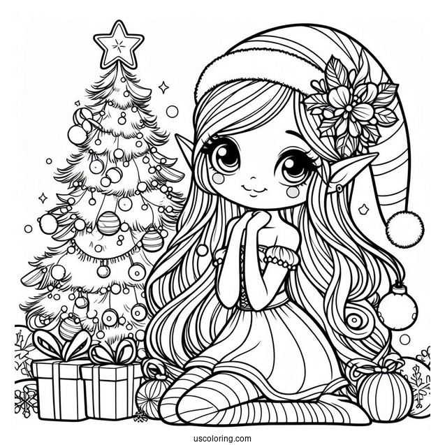 Girl Christmas Elf Coloring Page For Kids