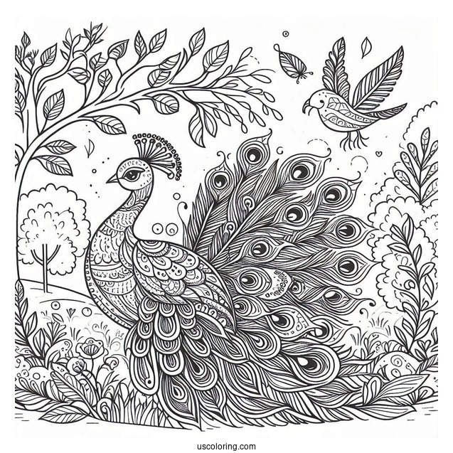 Peacock Coloring Page with Decorative Feathers In Woodland Meadow