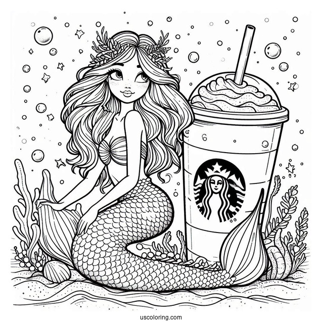 Beautiful Mermaid Resting On Top Of A Starbucks Coloring Page Cup Under The Sea