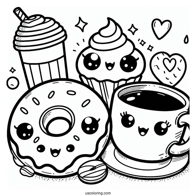 Cute Kawaii Donut And Coffee Coloring Page
