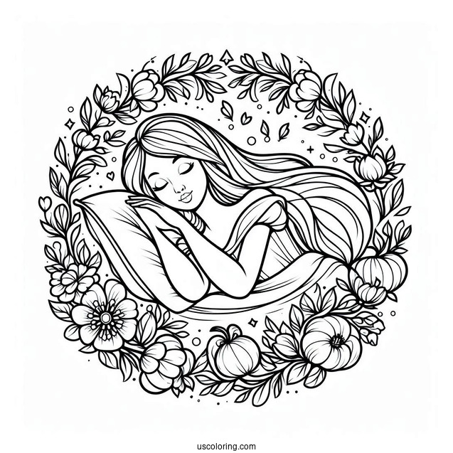 Sleeping Beauty Coloring Page Surrounded By Flowers