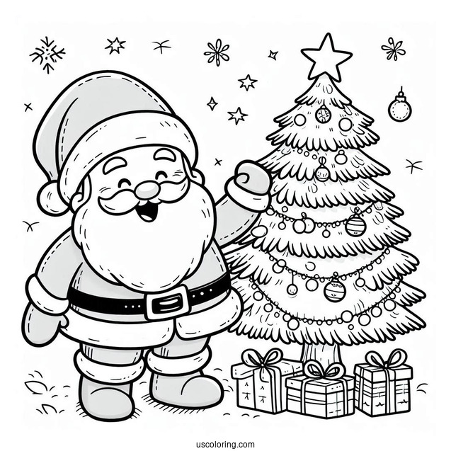 Jolly Santa Next To Christmas Tree