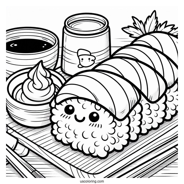 Sushi Coloring Pages Smiling Nigiri With Soy Sauce And Wasabi On A Board For Kids
