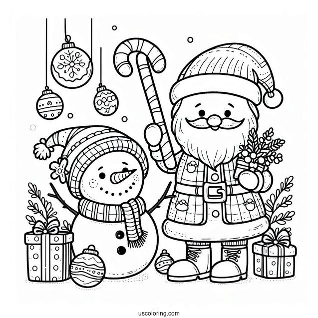 Santa And Snowman To Color With Ornaments And Presents