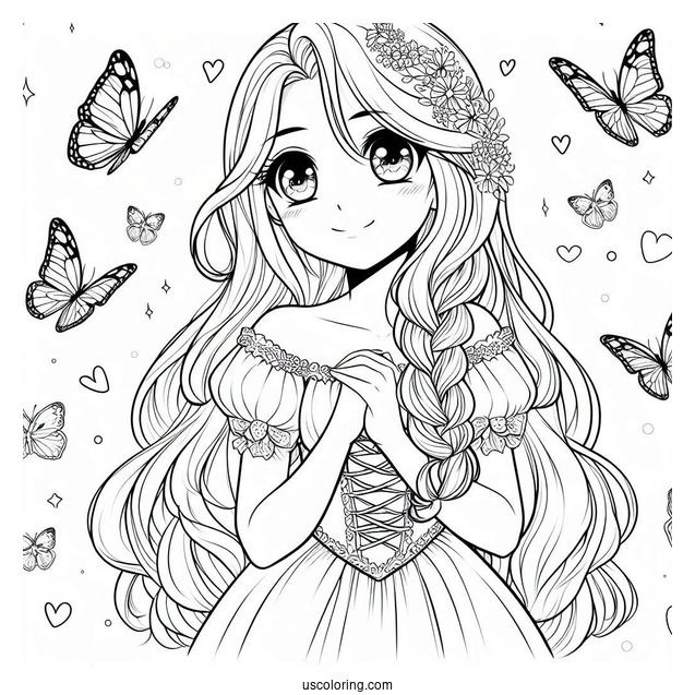 Princess Coloring Page Of Anime Rapunzel With Butterflies