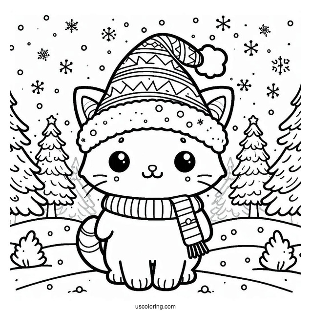 Cute Cat Wearing Santa Hat On Snowy Day