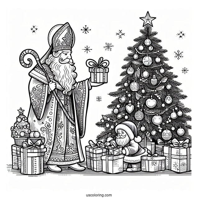 Saint Nicholas Putting Gifts Under Christmas Tree