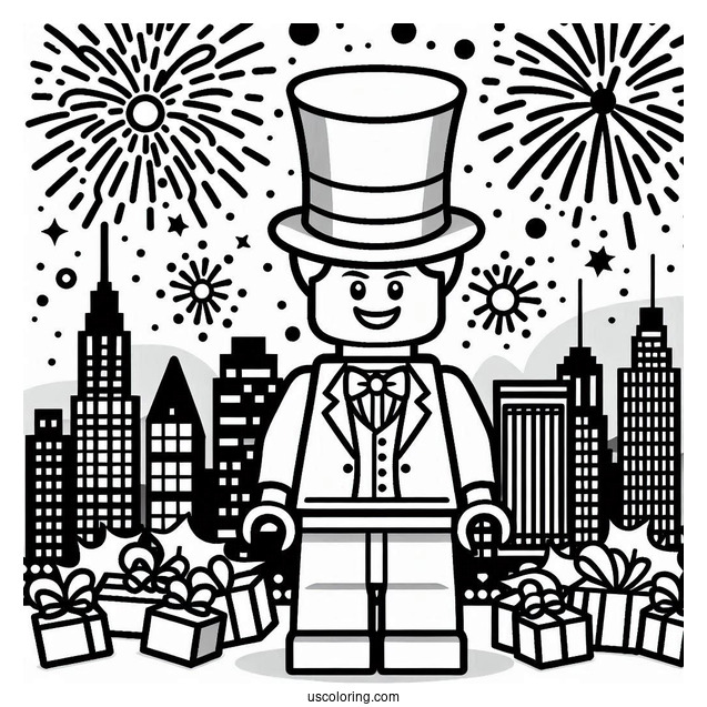 New Year Coloring Page Of Lego Gentleman With City And Fireworks Behind Him For Kids