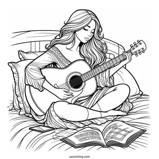 Music Coloring Page Of Woman Playing Acoustic Guitar On Bed