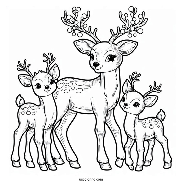 Mom Reindeer With Two Babies To Color