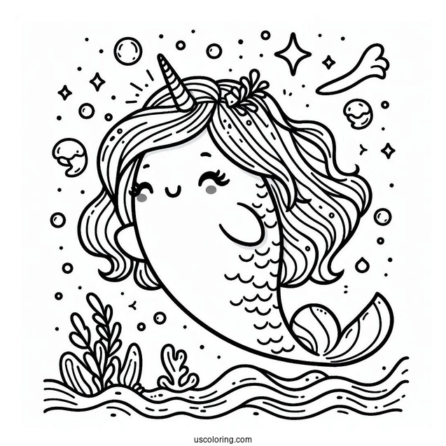 Kawaii Mermaid And Narwhal Coloring Page Under The Sea
