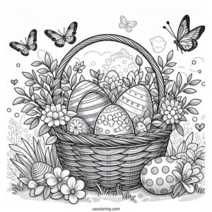 Detailed Basket Filled With Easter Eggs In Garden Coloring Sheet