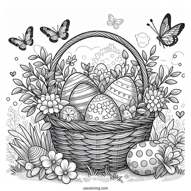 Detailed Basket Filled With Easter Eggs In Garden Coloring Sheet