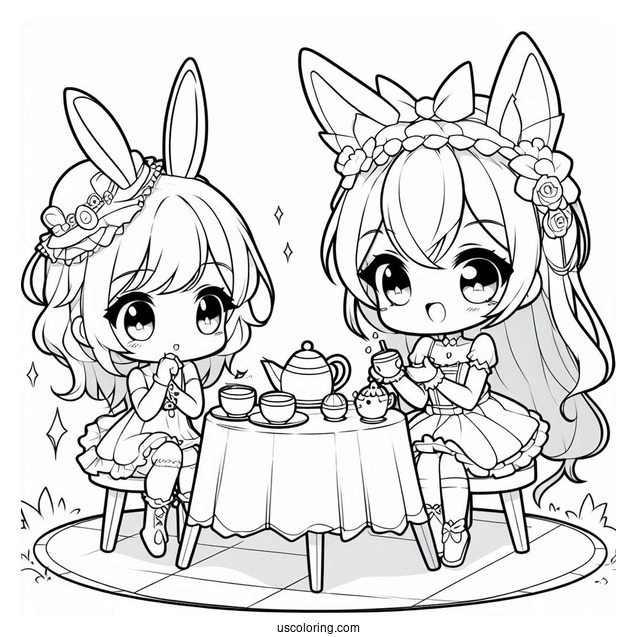 Chibi Coloring Page Girl Wearing Bunny Ears Hosting an Outdoor Tea Party