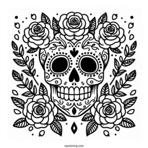 Sugar Skulls Coloring Page With Laurel Leaves And Roses