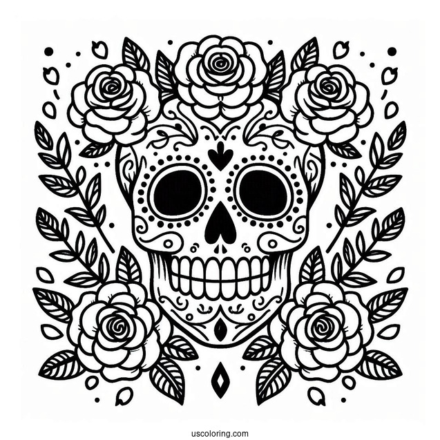 Sugar Skulls Coloring Page With Laurel Leaves And Roses