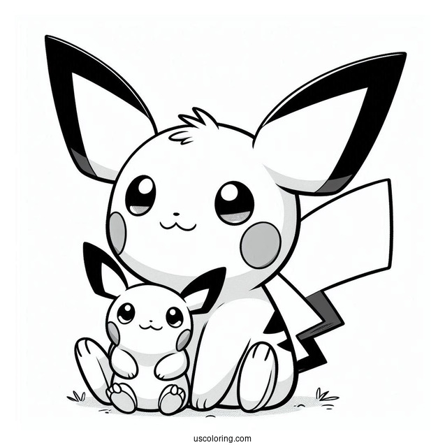 Pichu Coloring Page Sitting With Stuffed Toy Raichu