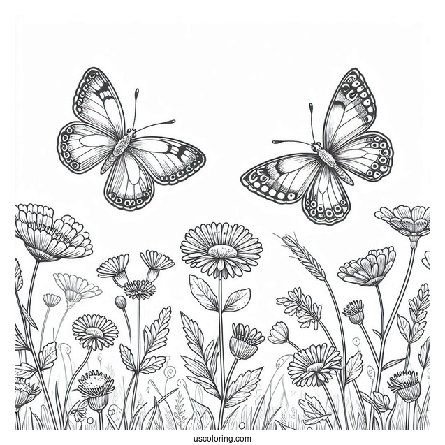 Butterflies Among Wildflowers And Grass