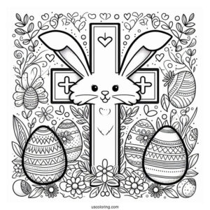 Easter Cross Coloring Page With Bunny Ears And Eggs For Preschoolers