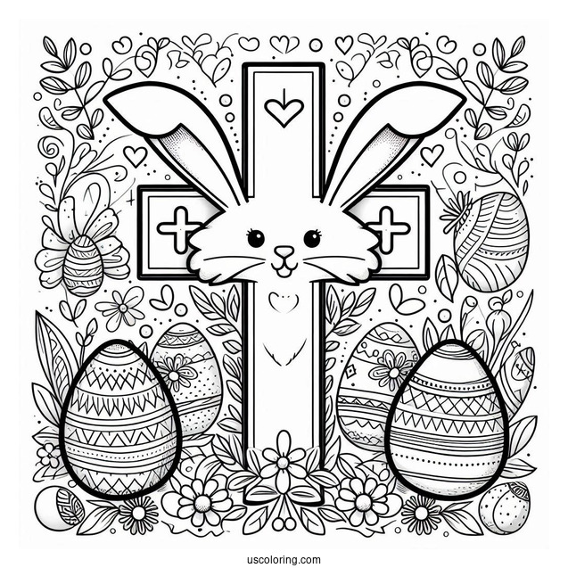 Easter Cross Coloring Page With Bunny Ears And Eggs For Preschoolers