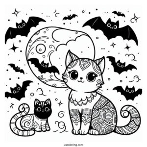 Cats With Bats Halloween Coloring Pages