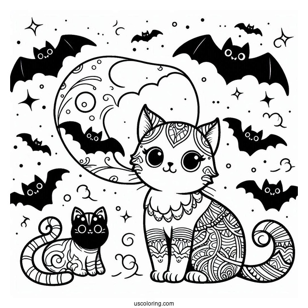 Cats With Bats Halloween Coloring Pages