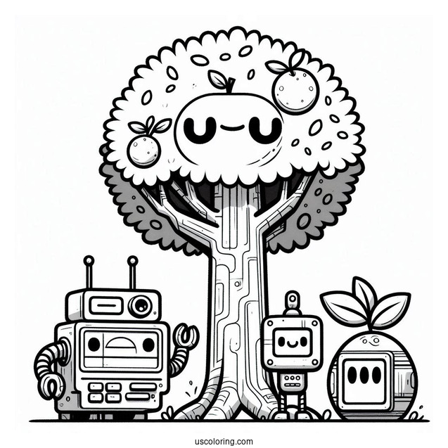 Sprunki Coloring Page Of Mr. Fun Computer, Tree, Simon, Orange, Fun Bot, Clukr, And Raddy