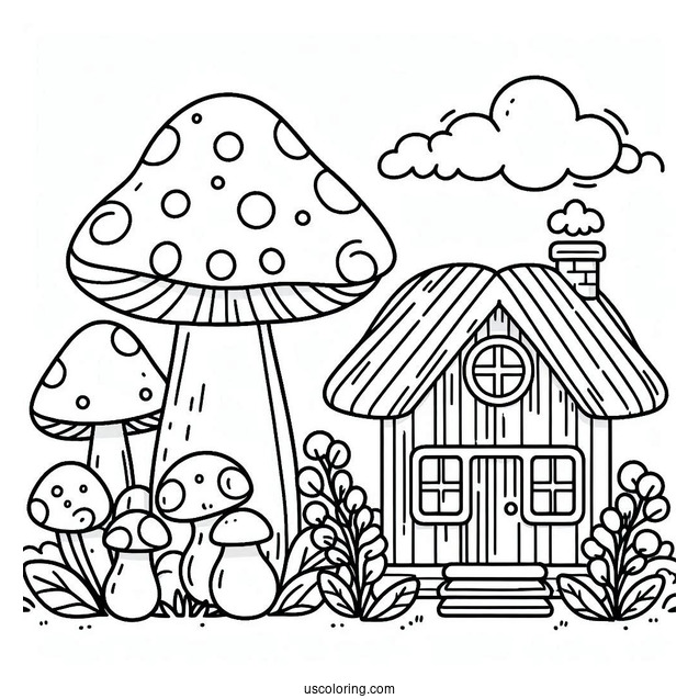 Adorable Mushroom Coloring Page House For Kids