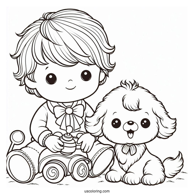 Precious Moments Coloring Page Of Little Boy With Toy Dog For Kids