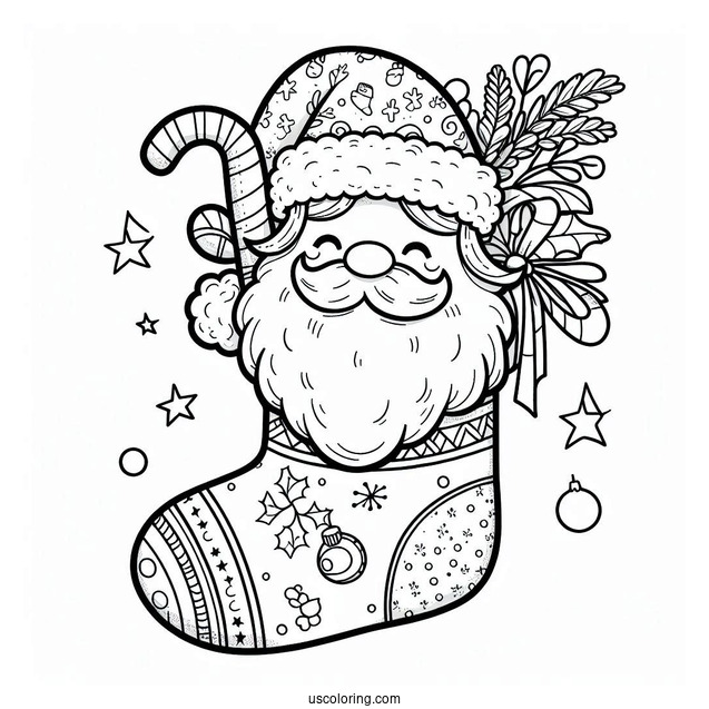 Merry Christmas Stocking With Santa Coloring Page