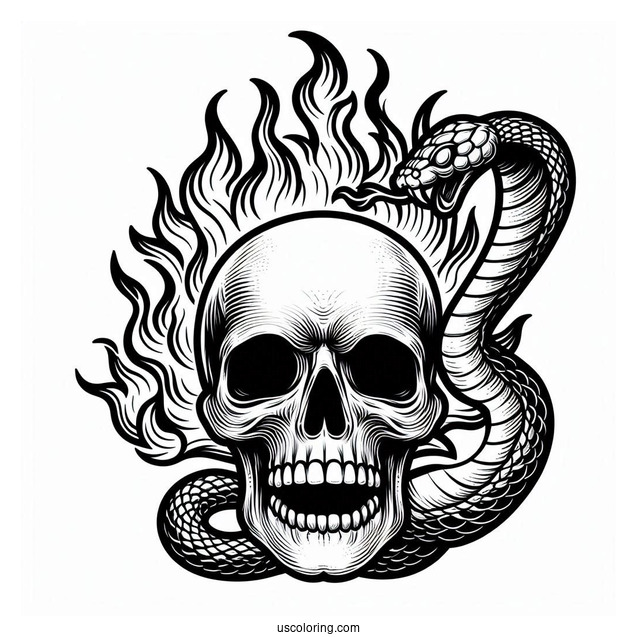 Flaming Skull With Snake