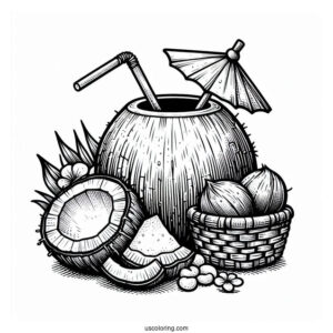 Coconut Coloring Page Juice With Straw On Top Of Fruit Baskets