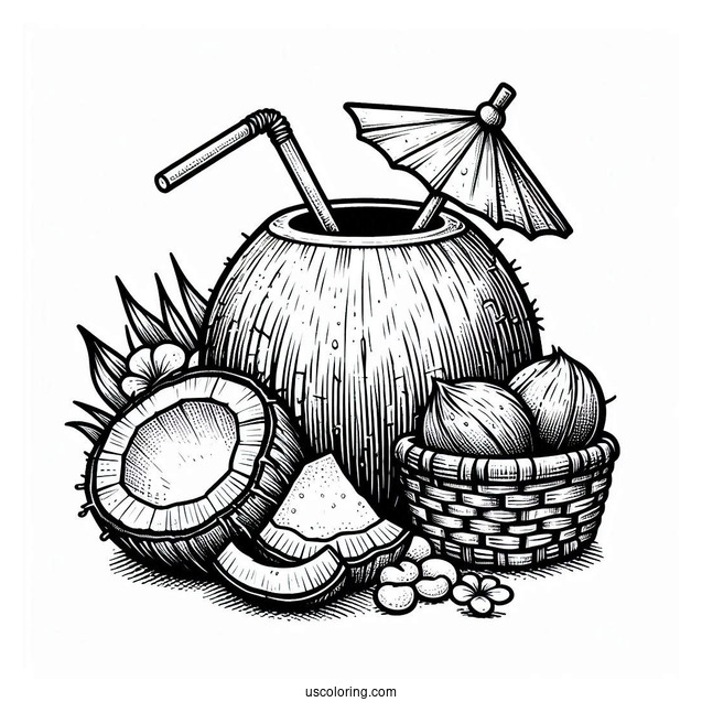 Coconut Coloring Page Juice With Straw On Top Of Fruit Baskets