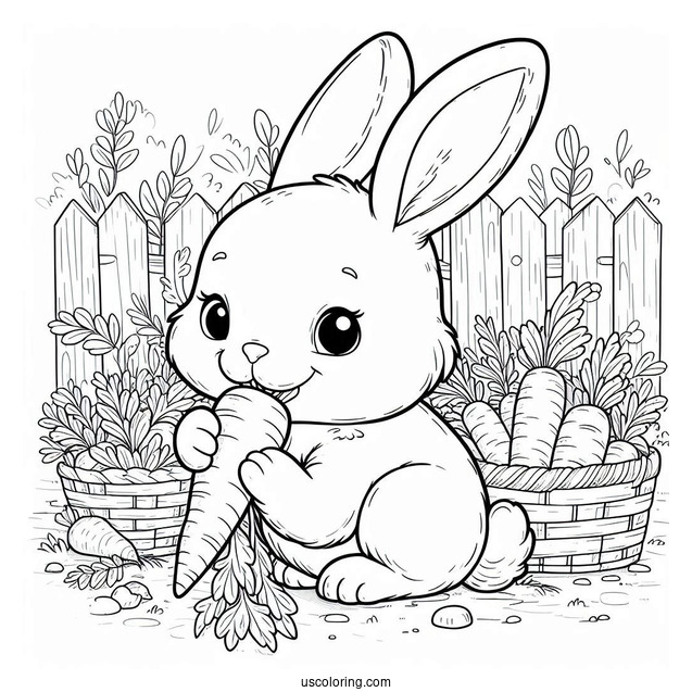 Rabbit Coloring Page Chewing On Carrots While Harvesting In A Farm