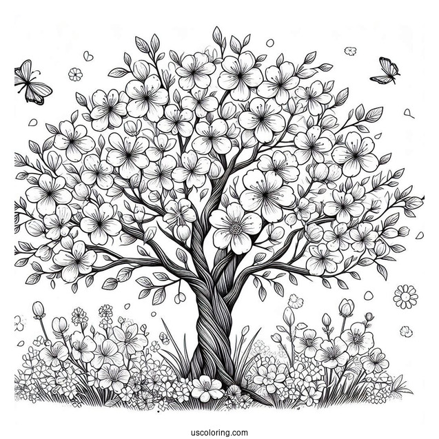 Large Tree Blooming Flowers In Spring Coloring Page