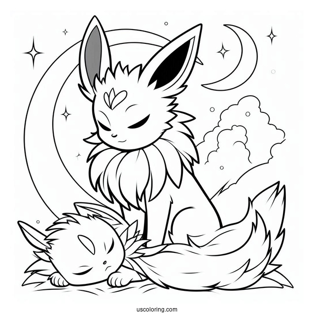 Espeon Watching Over Sleeping Jolteon Coloring Page