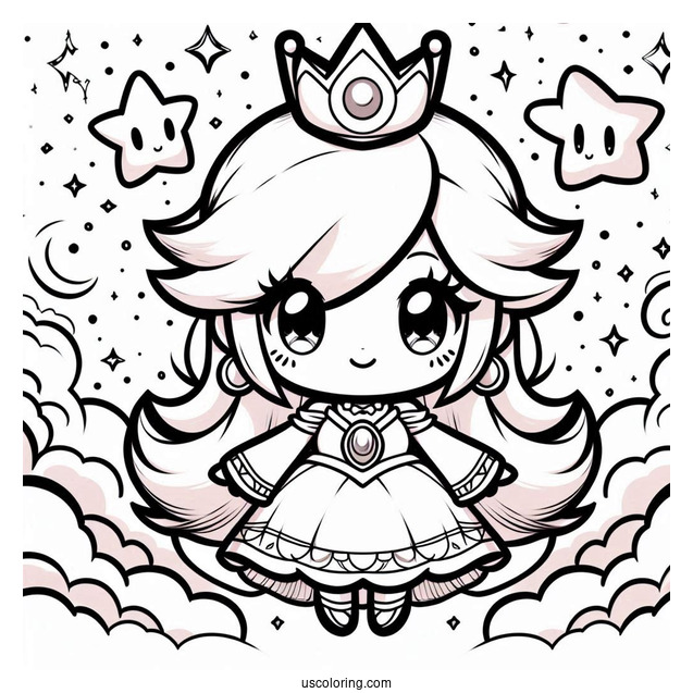 Chibi Princess Rosalina In The Sky With Lumas Coloring Sheet