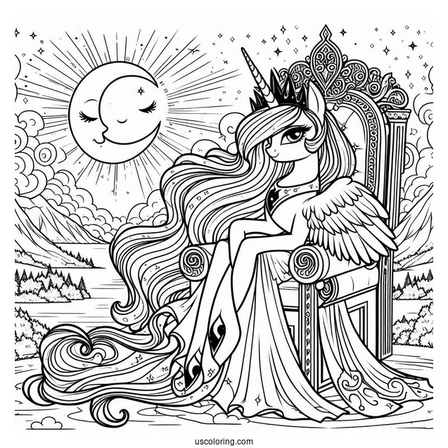 Detailed Princess Luna Coloring Page And Princess Celestia On The Throne