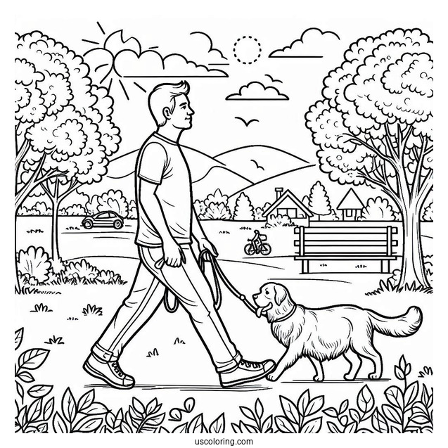 Coloring Sheet Of Man Walking His Dog In Park