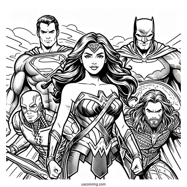 Justice League Aquaman Coloring Page, Superman, Batman, Wonder Woman, And Cyborg