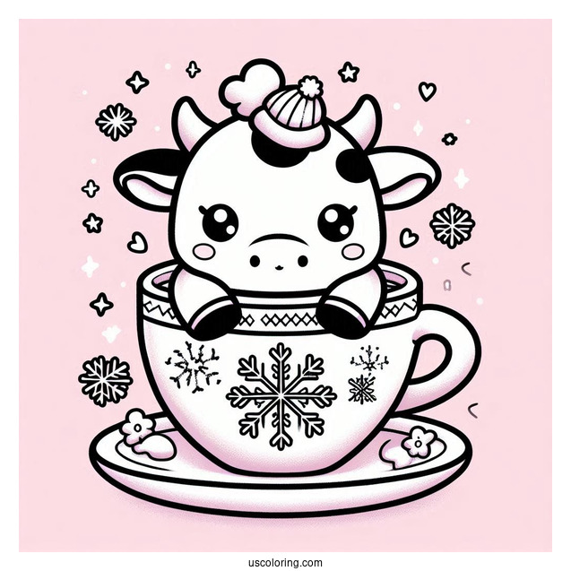 Cute Cow In A Teacup With Snowflake Design