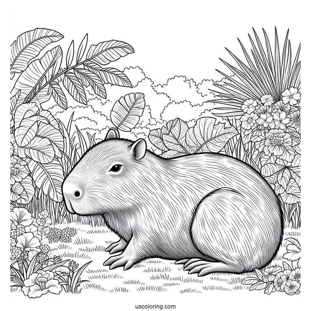 Large Capybara Coloring Page In The Garden
