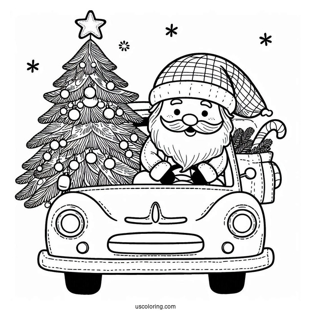 Santa With Christmas Tree On Car